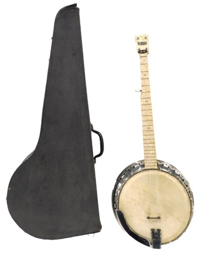 A B&S Master of London Ivory Queen banjo, with a simulated mother of pearl finger board, sides and back, chrome plated metal mounts, 90cm long, in black canvas case.