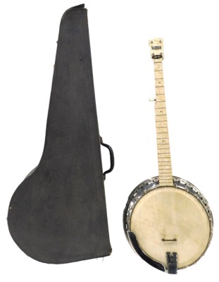 A B&S Master of London Ivory Queen banjo, with a simulated mother of pearl finger board, sides and back, chrome plated metal mounts, 90cm long, in black canvas case.