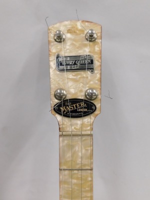 A B&S Master of London Ivory Queen banjo, with a simulated mother of pearl finger board, sides and back, chrome plated metal mounts, 90cm long, in black canvas case. - 2