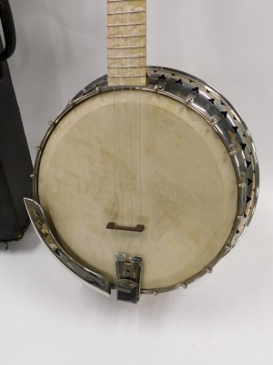 A B&S Master of London Ivory Queen banjo, with a simulated mother of pearl finger board, sides and back, chrome plated metal mounts, 90cm long, in black canvas case. - 4