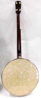 A B&S Master of London Ivory Queen banjo, with a simulated mother of pearl finger board, sides and back, chrome plated metal mounts, 90cm long, in black canvas case. - 5