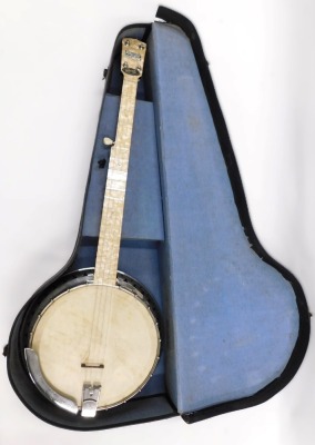 A B&S Master of London Ivory Queen banjo, with a simulated mother of pearl finger board, sides and back, chrome plated metal mounts, 90cm long, in black canvas case. - 6