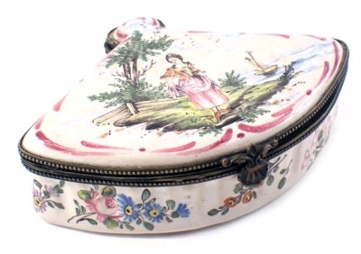 A late 18th/early 19thC French Faience porcelain Veuve Perrin fan shaped box, the lid decorated with a lady standing on an island beside a boat, makers monogram to underside, 10cm wide.