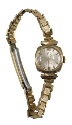 A PG lady's wristwatch, with a silvered numeric dial, in square case, 1.5cm diameter, yellow metal stamped 375, on a plated strap, 13.3g all in.