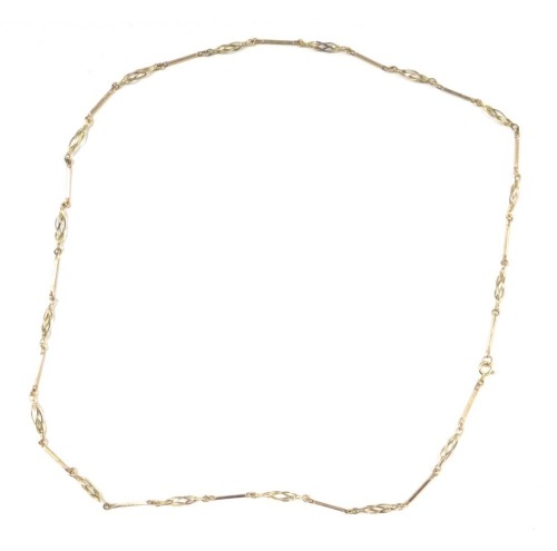 A fancy link neck chain with bar and twist breaks, yellow metal faint hallmarks to clasp, possibly 9ct, 52cm long, 7.1g.