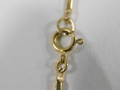 A fancy link neck chain with bar and twist breaks, yellow metal faint hallmarks to clasp, possibly 9ct, 52cm long, 7.1g. - 2