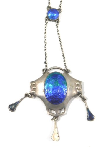 A Charles Horner style silver and enamel Art Nouveau necklace, the Art Nouveau drop with an oval enamelled section and three droplets, 2.5cm wide, on a white metal neck chain, stamped 925, 40cm long, 5.5g all in.