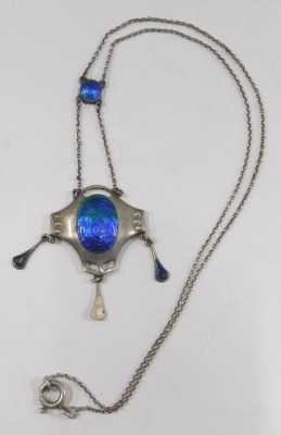 A Charles Horner style silver and enamel Art Nouveau necklace, the Art Nouveau drop with an oval enamelled section and three droplets, 2.5cm wide, on a white metal neck chain, stamped 925, 40cm long, 5.5g all in. - 2