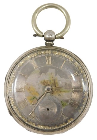 A 19thC Robert Norton of Stamford silver cased pocket watch, with silvered Roman numeric and floral bordered dial, with seconds dial lacking hands, the movement stamped Robert Norton stamp number 8748, with inner cover, key wind, in silver case, with vaca