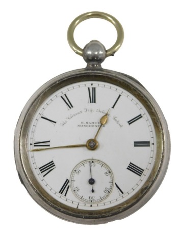 A Victorian H Samuel of Manchester silver cased pocket watch, with a white enamel Roman numeric dial, gold hands and seconds dial, inscribed 'the climax trip action patent', with shield to case, key wind, inscribed Joseph Bevans, the movement stamped Mark