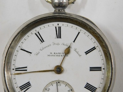 A Victorian H Samuel of Manchester silver cased pocket watch, with a white enamel Roman numeric dial, gold hands and seconds dial, inscribed 'the climax trip action patent', with shield to case, key wind, inscribed Joseph Bevans, the movement stamped Mark - 2