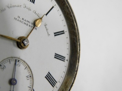 A Victorian H Samuel of Manchester silver cased pocket watch, with a white enamel Roman numeric dial, gold hands and seconds dial, inscribed 'the climax trip action patent', with shield to case, key wind, inscribed Joseph Bevans, the movement stamped Mark - 3