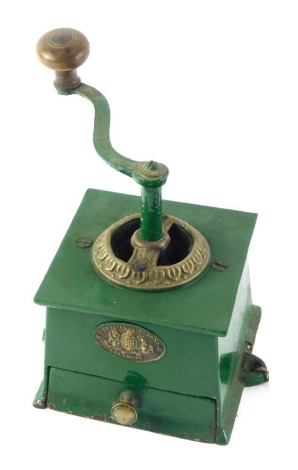 A Kendrick & Sons patent coffee mill or grinder, later painted green, 13cm wide.