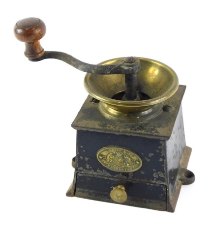 A Hawkins & Co Warranted cast iron coffee mill or grinder, 14cm wide.