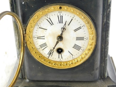 A French black slate and marble mantel clock, the white enamel dial AF, 23cm high. - 2