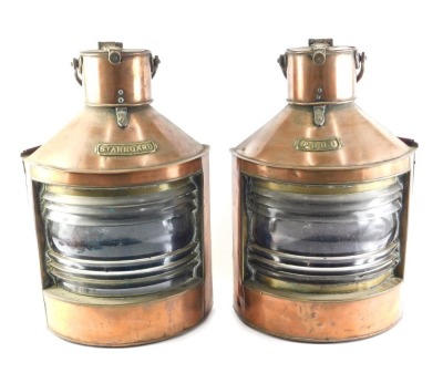 Two copper and brass ship's lanterns, Port and Starboard, with shaped lenses, 51cm high.