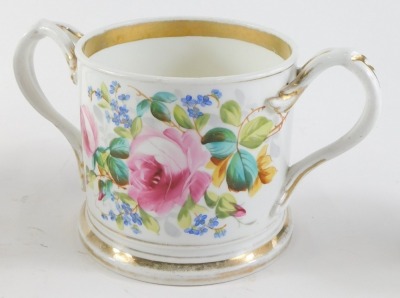 A 19thC Staffordshire loving cup, with indistinct name, dated 1862, 22cm wide, another similar, painted in gilt with a motto, and the name John Lyons Calveley Cheshire 1896, 23cm wide, and a similar mug, with gilt decoration 'Though absent, Ever Dear'. (3 - 3