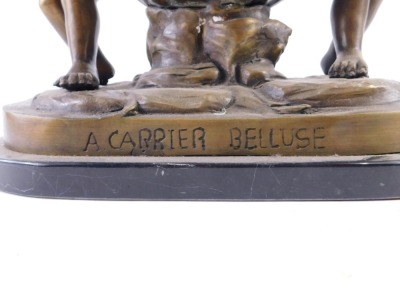 After Carrier Belleuse (French, 1824-1887) A bronzed metal sculpture of two figures beside a clam shell, on a shaped marble base, 31cm wide. - 2