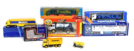 A quantity of Diecast trucks, to include a Britain's milk marque tankard, Corgi super hauler, Corgi Wishart & Sons truck, Scania Hamilton, Corgi Manchester Commonwealth Games, 2002, etc.