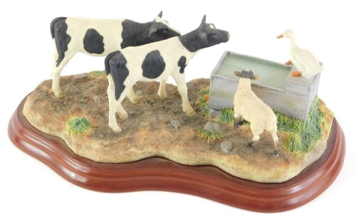 A Border Fine Arts James Herriot series figure group, Shared Resources, A0455, on a wooden base, 25cm wide.