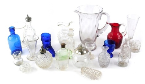 Victorian and later glassware, comprising Bristol blue boot, medicine bottle, cranberry glass jug, milk jug, scent bottle, measuring cups, etc. (1 tray)