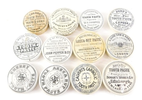 A collection of 19thC pot lids, for various types of toothpaste, to include Carbolic, Arecanut, and Cherry.