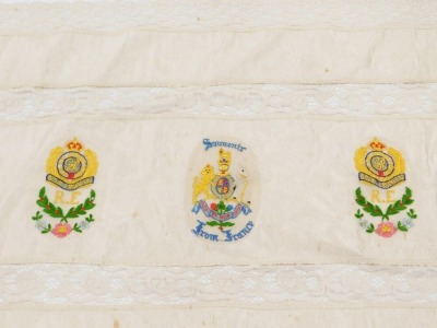 A collection of WWI related embroideries, each decorated with various emblems, titled souvenir France, etc. - 4