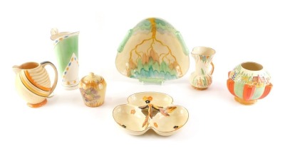 A collection of Art Deco ceramics, to include a Wade Heath flower bowl, Myott hors d'oeuvres dish, Wade jug, etc.