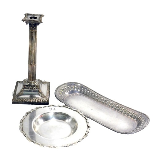 Three items of late 19th/early 20thC silver plated wares, comprising a 19thC silver plated candlestick, 20cm high, a Mappin & Webb salver, with petalated border, bearing the initials GW, 14cm wide, and a Sheffield silver plated serving tray, circa 1880s,