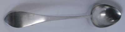 A 19thC Continental white metal stuffing spoon, with plain handle, and bowl, with faint markings JS, 5oz, 35cm long. - 2