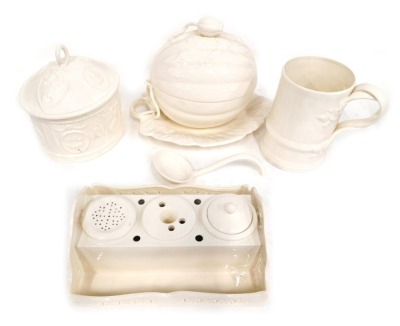 Georgian replica cream ware, Leedsware classical cream ware items to include tobacco jar, inkwell, tankard, and tureen, fitted in travel case, tureen loose. (2 boxes)