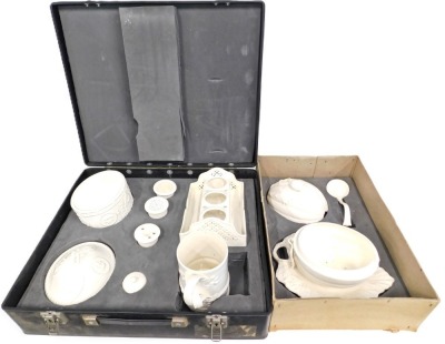 Georgian replica cream ware, Leedsware classical cream ware items to include tobacco jar, inkwell, tankard, and tureen, fitted in travel case, tureen loose. (2 boxes) - 2