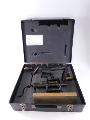 A group of Victorian ironing equipment, comprising flat iron, smoothing iron, goffering iron, goffering iron stand, and a crimping machine, in flight case. - 2