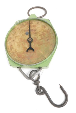 A Salter 100lb metal balance scale, painted in green, 30cm high.