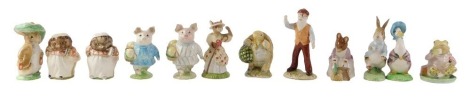 A collection of Royal Doulton Beatrix Potter figures, comprising Mr Alderman, Ptolemy, Hunka Munka sweeping, Bunnyflins, Mr Mcgregor, Mrs Tiggywinkle, Peter Rabbit, Benjamin Bunny, Mrs Tiggywinkle, Jemima Puddleduck, two Beswick Little Pig Robinsons, and 