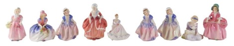 Nine miniature small Royal Doulton ladies, comprising Bo Peep, Monica, Goody Two Shoes, Dinky Doe (x3), Mary Had a Little Lamb, Tinkle Bell, and a miniature Ninette. (9)