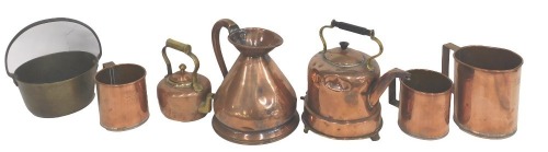 A copper court flagon, spoil preserve pan, two copper kettles, etc.