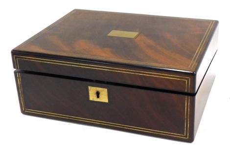 A 19thC mahogany and brass strung writing box, the hinged lid engraved with a rectangular plaque J Picker, enclosing an ebonised interior with purple velvet writing slope, 30cm wide.