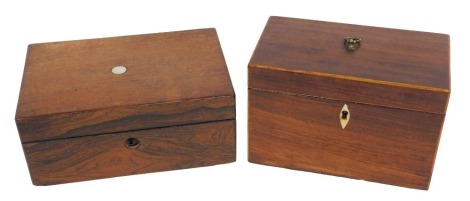 A 19thC mahogany and boxwood strung tea caddy, the hinged lid enclosing a division, 20cm wide, and a small rosewood box. (2)