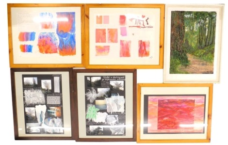 A group of HA Ansell textile pictures, comprising oil pastel study, 66cm x 75cm, in pine frame, tie dye trial piece, 54cm x 73cm, indications of work, and others, framed and glazed. (6)