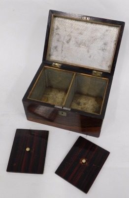 A Victorian rosewood tea caddy, the hinged domed lid enclosing two lidded divisions, 19cm wide. - 2