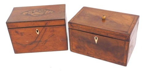 Two 19thC mahogany tea caddies, one with shell inlay and vacant interior, the other with rosewood cross banded borders and bone knop and escutcheon. (2)