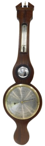 A wheel barometer, stamped J Pastorelli, two leopards caught, Leather Lane, Holborn, with silvered dial and thermometer, 100cm high.