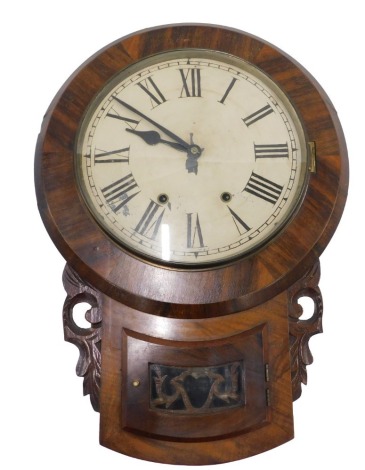 A 19thC walnut drop dial wall clock, with cream dial with Roman numerals, in pine case with eight day movement, 60cm high.