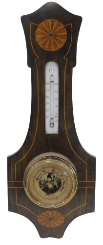 An Edwardian inlaid and stained wood aneroid barometer, with opaque glass thermometer, 49cm high.