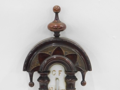 An early 20thC carved mahogany cased aneroid barometer, with opaque glass thermometer, 51cm high. - 3