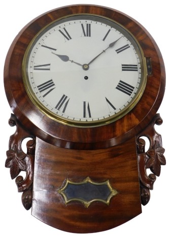 A 19thC American figured mahogany drop dial wall clock, the painted dial decorated with Roman numerals, 60cm high.