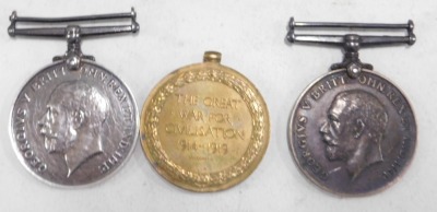 Three World War I medals, comprising two George V 1914-18, various awards, a Civilisation medal awarded to PTE BLADES. (3) - 2