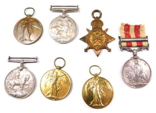 Seven WWI medals, comprising three victory medals, various inscriptions to include SAUSMAN, HANTDER, GEER, two George V British war medals, for SAUSMAN and GEER, a 1914-15 Star, inscribed PTE GERR, and a Victoria India medal, inscribed Assistant Apothy JO