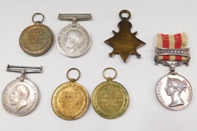 Seven WWI medals, comprising three victory medals, various inscriptions to include SAUSMAN, HANTDER, GEER, two George V British war medals, for SAUSMAN and GEER, a 1914-15 Star, inscribed PTE GERR, and a Victoria India medal, inscribed Assistant Apothy JO - 2